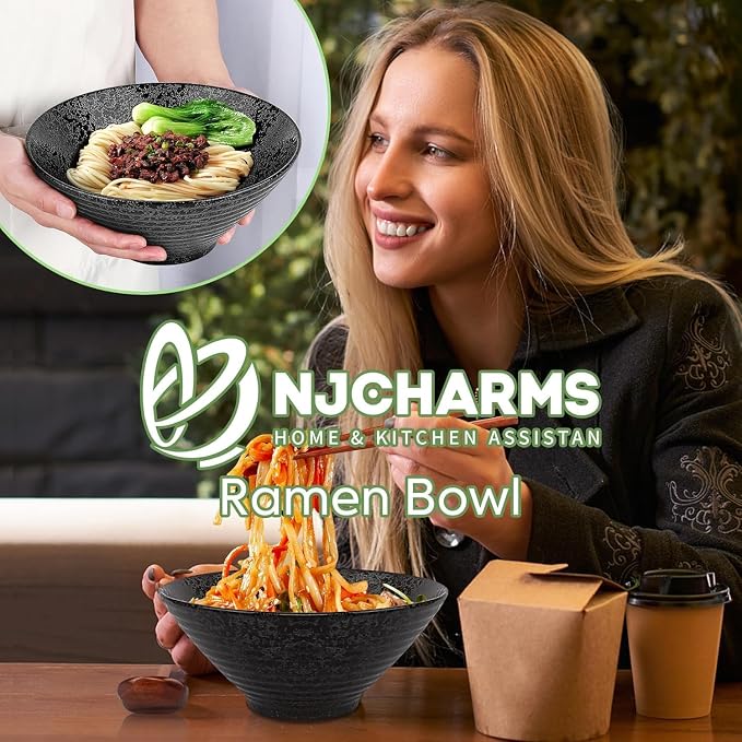 NJCHARMS Ceramic Ramen Bowl Set of 2, 60 oz Japanese Noodle Soup Bowls - Image 8