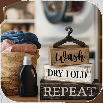 Moucuny 4 Pcs Farmhouse Laundry Room Decor Stacked Blocks, Wash Dry Fold Repeat - Image 6