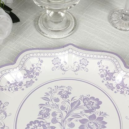 50 Pack 10" White Lavender Lilac French Toile Dinner Plates, Disposable Round Paper Party Plates 300 GSM for Festive Table Decoration