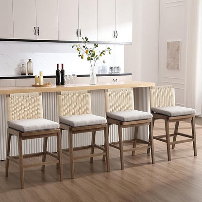 Mid Century Modern Counter Height Barstools Set of 4, 27” Linen Upholstered Counter Stools with Rope Woven Back Wooden Farmhouse Bar Stools for Kitchen Island Dining Room,Grey