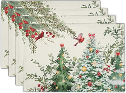 Christmas Placemats for Dining Table Set of 4, Watercolor Xmas Tree Red Bird Washable Non-Slip Heat Resistant Line Fabric Place Mats Winter Table Mats 12x18 Inch for Holiday Decor Party