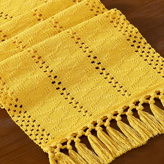 DeZerlor Yellow Boho Macrame Farmhouse Woven Table Runner 90Inch | Cotton Linen - Image 2