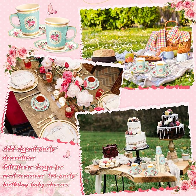Tioncy 100 Pcs Tea Party Decorations Include 50 Pieces 9 oz Paper Tea Cups - Image 6