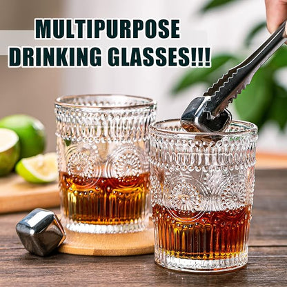 Vintage Drinking Glasses Set of 12, Textured Clear Striped Glass Cups-6 - Image 6