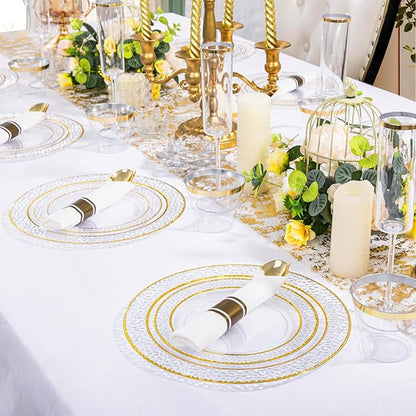 Ciaell 350PCS Clear Plastic Plates with Gold Trim for 50 Guests,Includes 100 Plastic Plates, 50 Pre Rolled Napkins with Gold Silverware, 50 Cups, Disposable Dinnerware Set for Wedding & Party
