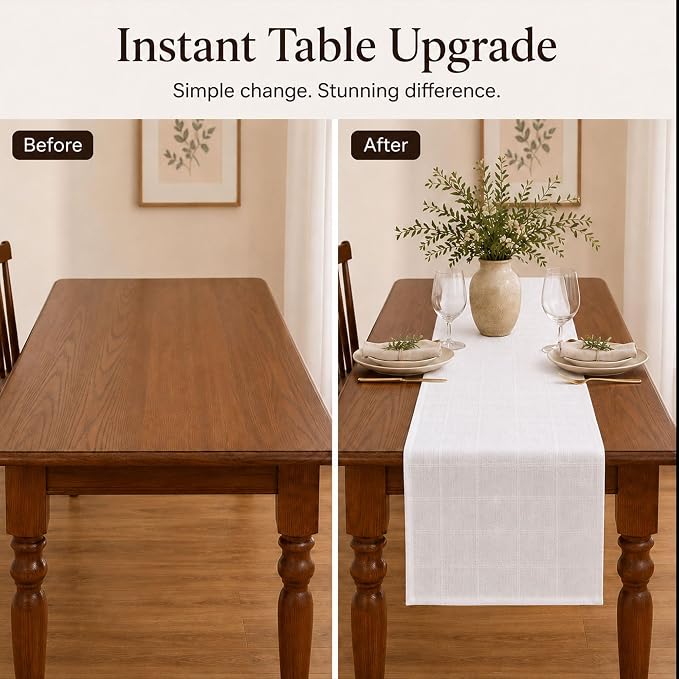 White Table Runner, Linen-Look Fabric, Subtle Check Pattern, Dining & Coffee - Image 7
