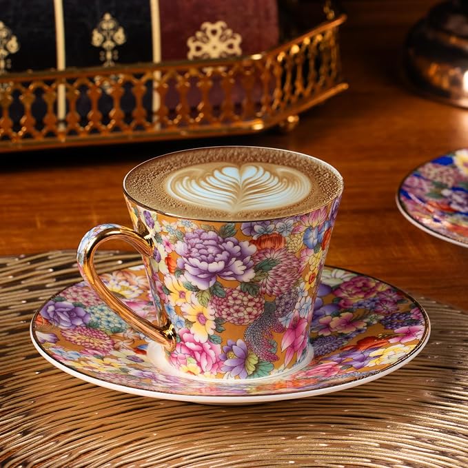 KAMMAK Tea Cup and Saucer, Ceramic Coffee Cups, 7.5 oz, Afternoon Tea and - Image 3