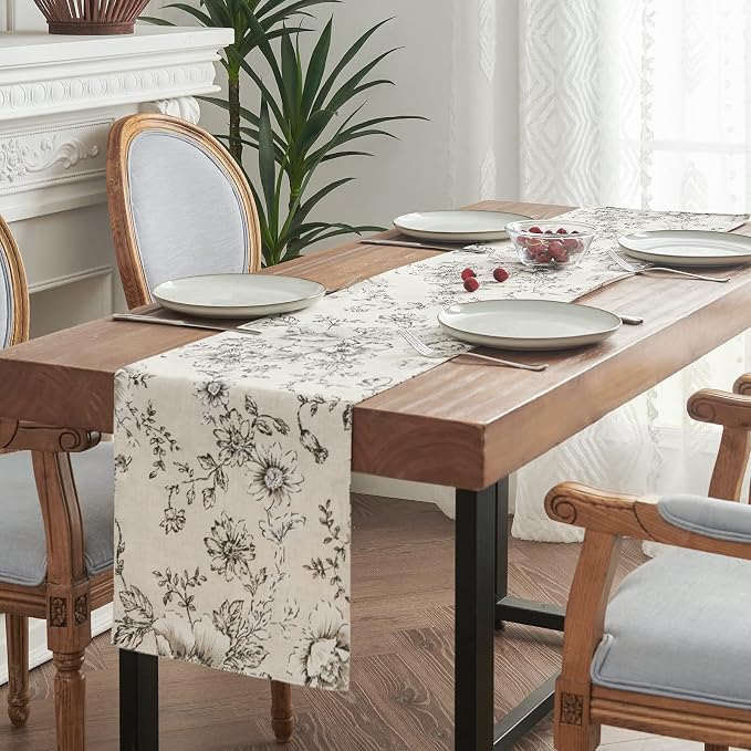 jinchan Black Floral Linen Table Runner 13 x 72 Inch Rustic | Vintage floral - Image 2