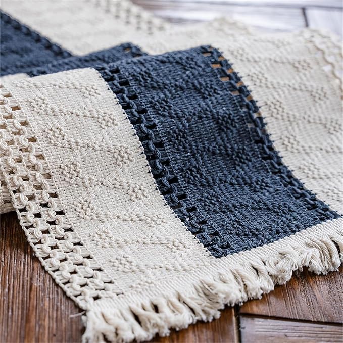 Macrame Table Runne Beige and Blue Boho Table Runners - Image 5
