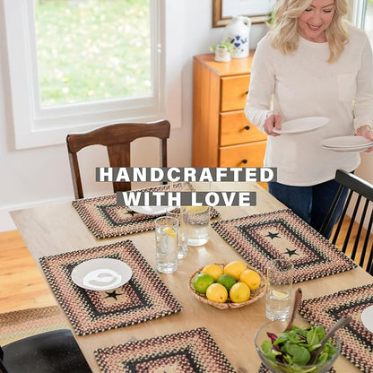 Homespice Primitive Star Gloucester Jute Braided Placemats, Warm Primitive Decor, Set of 4, Black and Red 13x19 Oval Table Mats - Vibrant Colors, Durable, Easy to Clean and Protects Furniture