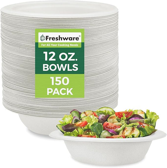 Freshware Paper Bowls - Disposable Soup Bowl, Biodegradable Sugarcane Fiber Serving Bowls - Heavy Duty Bagasse for Hot Food Plates - Microwave & Freezer Safe, Stackable Dinnerware - 150-Pack, 12 oz.