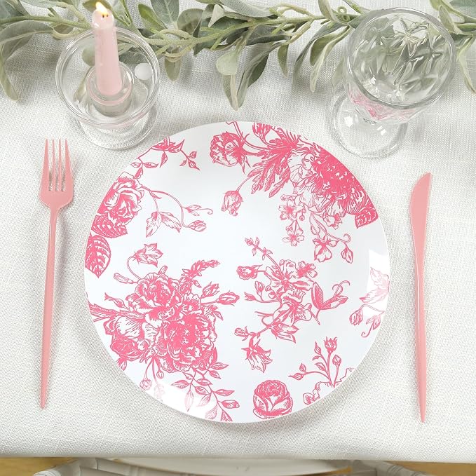 Efavormart 10-Pack French Toile Plastic Dinner Plates – Pink & White Floral - Image 8
