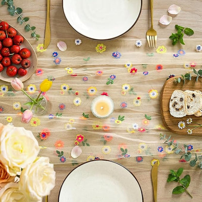 Artoid Mode 6PCS Champagne Embroidery Daisy Gauze Table Runner 120Inch 10FT | - Image 2