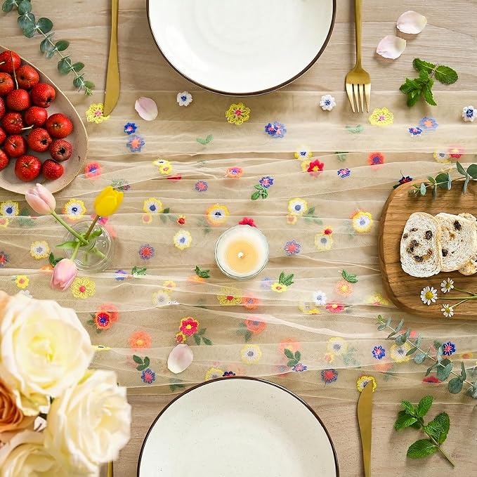Artoid Mode Champagne Embroidery Daisy Gauze Table Runner 120 Inch 10FT | - Image 2