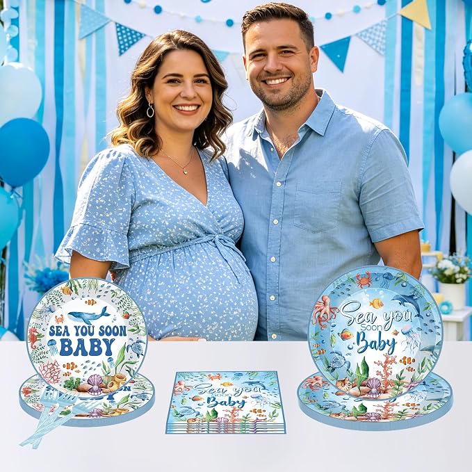 96 Pcs Sea You Soon Baby Shower Decorations, Ocean Theme Plates Napkins Forks - Image 6