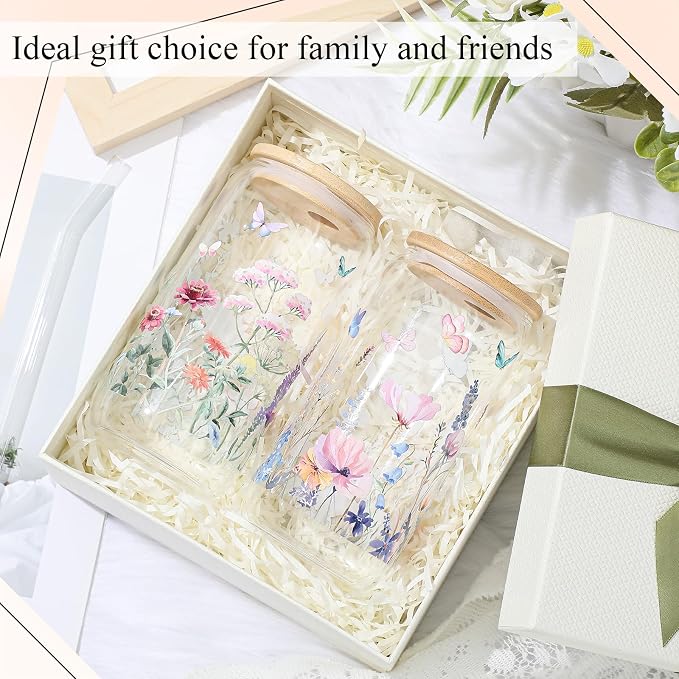 Mumufy 2 Pack Wildflower Glass Cups Gift Aesthetic Cute Glass Cup Tumbler - Image 6