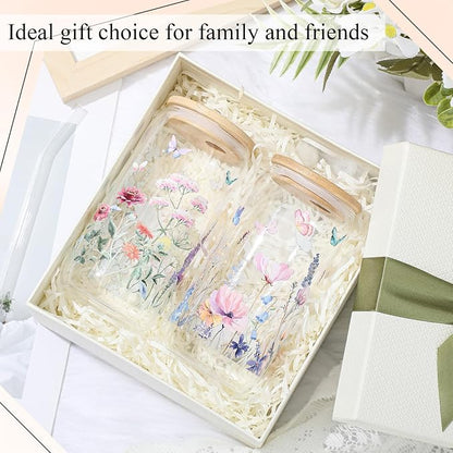 Mumufy 2 Pack Wildflower Glass Cups Gift Aesthetic Cute Glass Cup Tumbler - Image 6