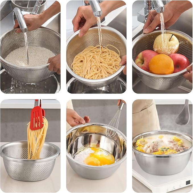 304 Stainless Steel Colander Microporous with Mixing Bowls, 2-Quart Strainers and Colanders for Kitchen, Food-Grade Strainer for Washing Vegetables, Fruit and Rice, Dishwasher Safe(2PCS)