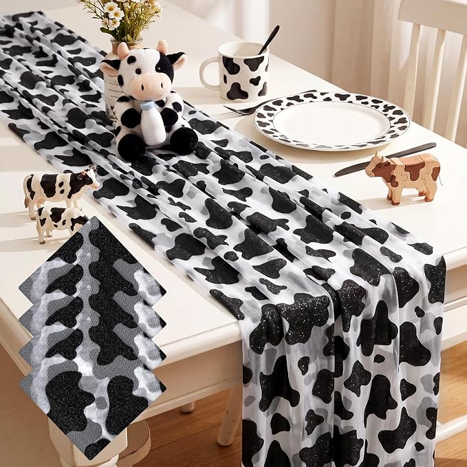 4 Pcs Cow Print Table Runners 29 x 70 inch Cow Print Glitter Lace Table Runner by Windkream