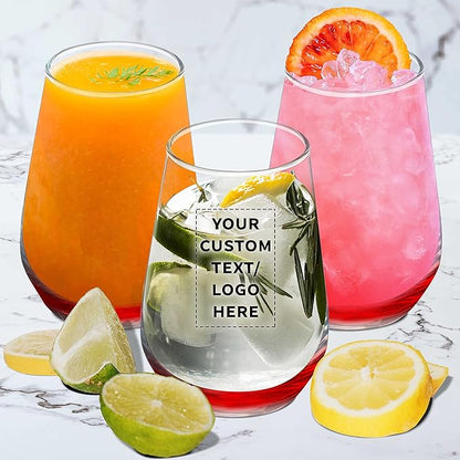 DISCOUNT PROMOS 100 Vaso Silicia Stemless Wine Glasses Set, 16 oz. - Personalized Text, Logo - Clear, Orb-Like, Thick base - Red