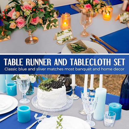 Breling 24 Packs Navy Blue and Silver Disposable Plastic Tablecloths and Satin Table Runner Set, 54 x 108 Inch Tablecloth, 12 x 108 Inch Table Runners for Wedding Graduation Birthday Baby Shower