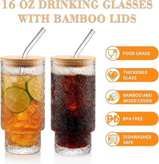 Vintage Glass Cups With Bamboo Lids And Straws 16 Oz, Vintage Tumbler Embossed - Image 3