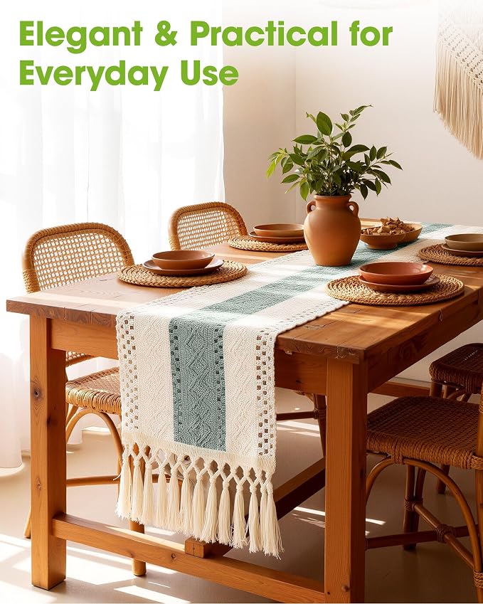 Pureegg Boho Table Runner 12 x 72 Inch, Sage Green, Woven Tassel Design | - Image 2