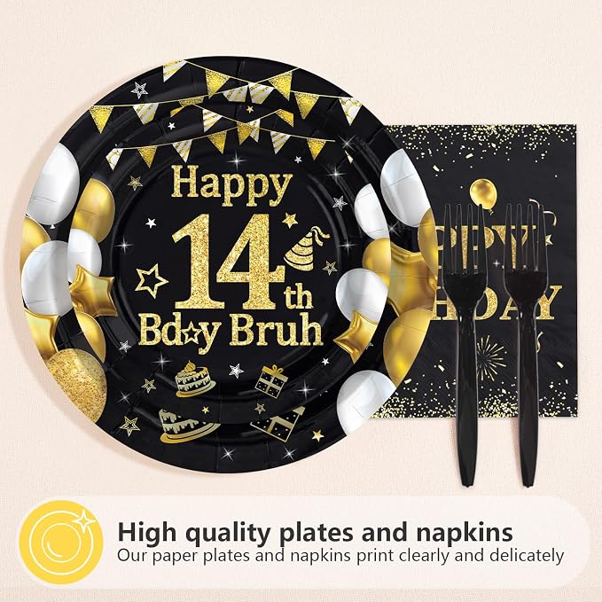 96 Pcs Bruh 14th Birthday Party Black Gold Decorations, Serves 24 | Black Gold - Image 3