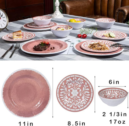 Melamine Dinnerware Sets - 12 Pcs Plates and Bowls Set,Unbreakable Dinner Dishes Set for 4,Lightweight, Dishwasher Safe, BPA Free,Indoor Outdoor use, Pink