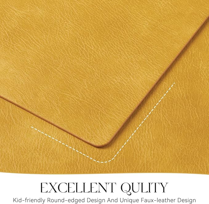 MOSAYT Vinyl Placemats Set of 6-12 X 17 Inch - Faux Leather 100% Waterproof Oil-Proof Wipeable PU Place Mats, Heat Resistant Reversible Table Mats for Kitchen, Dining, Outdoor (Yellow)