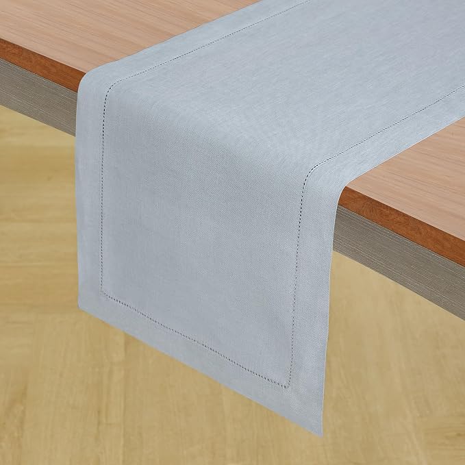 Solino Home 100% Pure Linen Table Runner Dusty Blue Hemstitch, 14 x 132 in | - Image 2