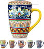 vancasso Ceramic Tea Mug with Infuser and Lid, 18 Ounce Bohemian Loose Leaf Cup, Microwave & Dishwasher Safe, Perfect for Tea, Coffee, Beige-Mustard Tribe