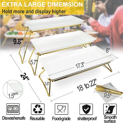 Extra Large 3 Tier Serving Tray, 24 x22 x 9.8 Inch Melamine Tiered Tray Stand and Platters for Party Buffet Entertaining, White and Gold