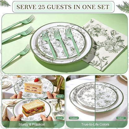 100 Pcs Disposable Sage Green Flower Tableware Set - Image 6