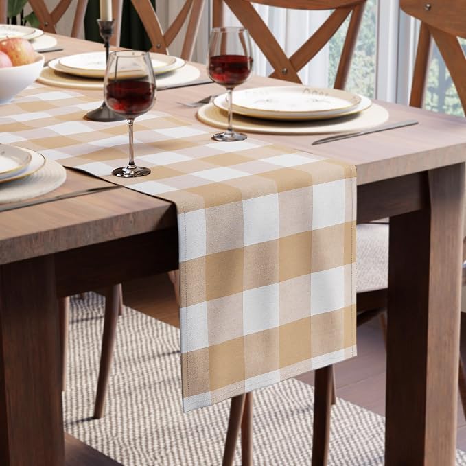 Encasa XO Table Runner, Woven Cotton Dining Runner 13"x104" Buffalo Beige Checks by EncasaXO