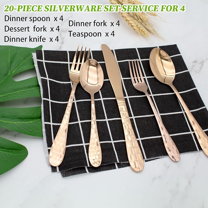 Hammered Silverware Set 20-Piece, 18/10 Stainless Steel Flatware Cutlery - Image 3