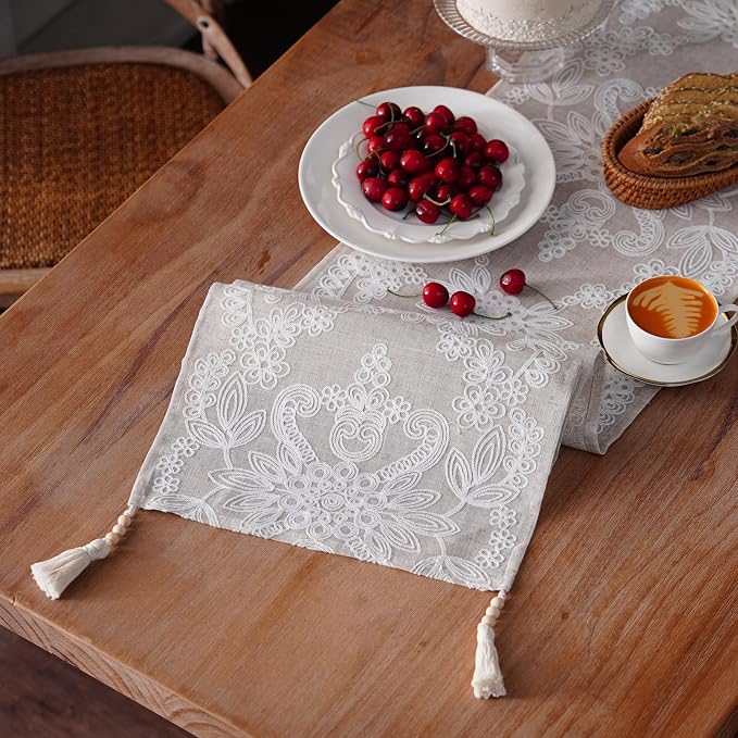 Embroidered Table Runner Boho Farmhouse Dresser Scarf, 4 Tassel Pendants by ARTBLOSS
