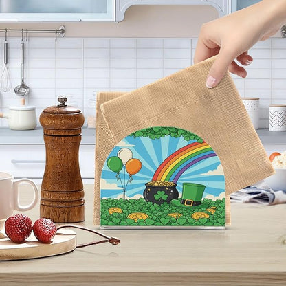 St Patrick's Day Shamrock Field Leprechaun Hat Coins Napkin Holder for Table Kitchen Decor Acrylic Paper Napkin Holders for Tissue Dining Room Indoor Outdoor Party Holiday Accessories