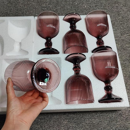 Purple Glasses Drinking Water Goblets set of 6 Colored Wine Glasses 13oz Pink Vintage Glassware for Wedding Party Bar Vertical Line Embossed Pattern Stemmed Cups 400ml