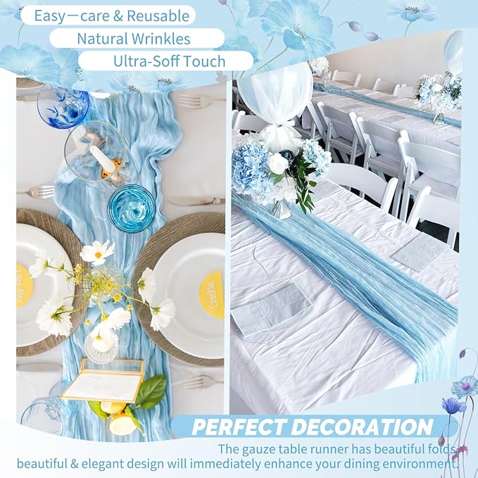 Showgeous 4 Pack Baby Blue Cheesecloth Table Runner, 17 x 108 Inches | Boho - Image 6