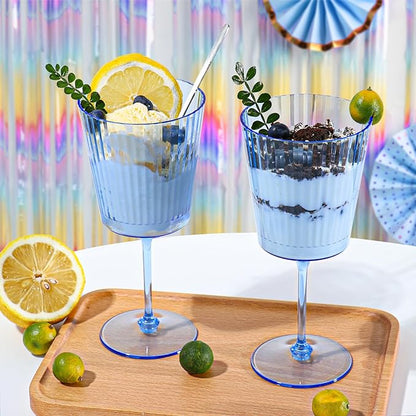 48 PCS Blue Ribbed Plastic Wine Glasses 13.5 OZ Ribbed Wine Glasses Detachable Wine Glass Elegant Fluted Glassware Vintage Style for Wedding Anniversary Birthday Dinner Parties(Blue, 48 Pack)