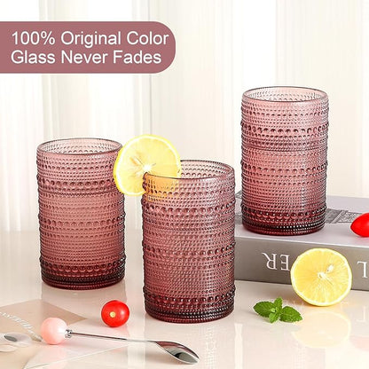 Vintage Glassware Drinking Glasses Set of 6,15 oz Hobnail Glass Cups,Embossed Purple Water Tumbler,for Beer,Cocktail,Whiskey,Juice and Various Mixed Drinks- 1 Cleaning Brush