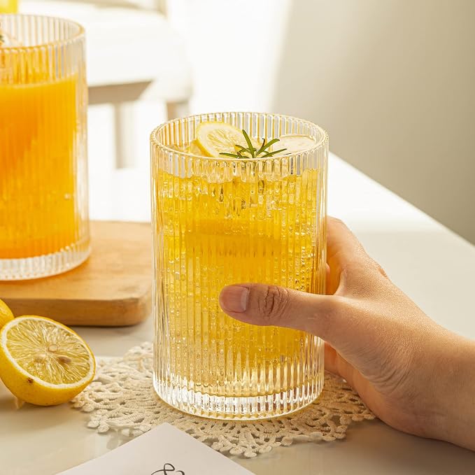 Vintage Ribbed Glassware Set: 4pcs 16.9oz XL Drinking Glasses, Fluted Ripple - Image 4