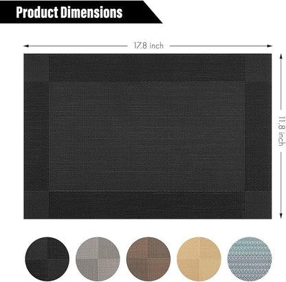 Winknowl Placemats Set of 4, Washable Vinyl Woven Placemats, Heat Resistant & Wipeable Table Mats for Kitchen Dining Table (Black)