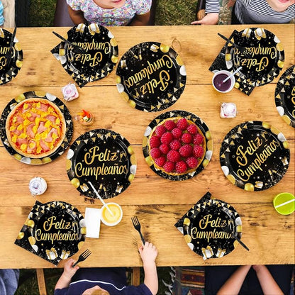 96 Pcs Feliz Cumpleaños Black and Gold Decorations, Serves 24 | Feliz - Image 7