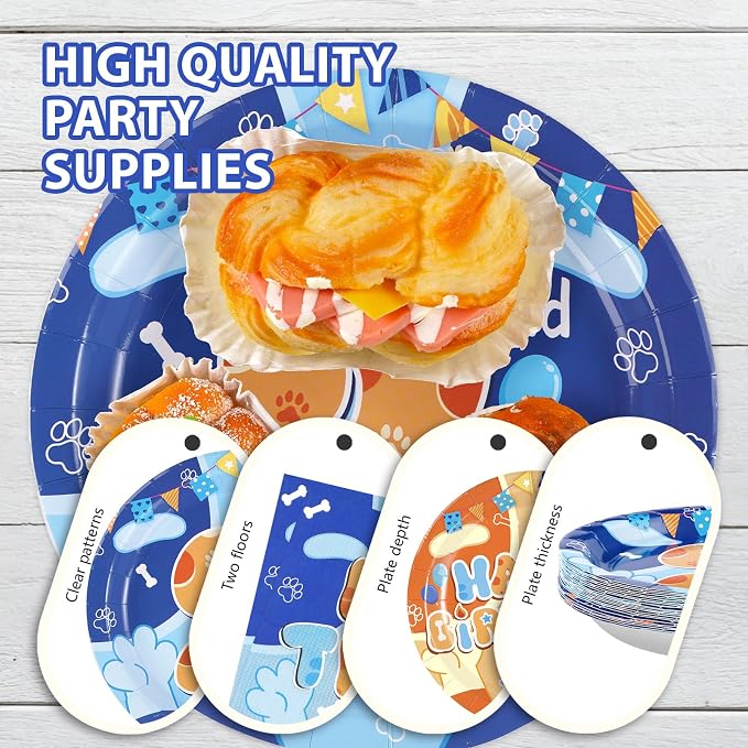 Grencian 96 Pcs Blue Cartoon Dog 2nd Birthday Decorations, Serves 24 | I'm Two - Image 6
