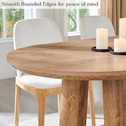 OKD 63" Dining Table for 6-8, Oval Dining Room Table with Triangular Structure Pedestal Stable Base, Curved Table Edge, Circle Kitchen Tables for Dining Room, Kitchen, Light Tree Knot