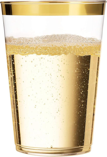Munfix Gold Plastic Cups - 16 Oz Clear Tumblers with Gold Rim - Elegant Disposable Wedding & Party Cups