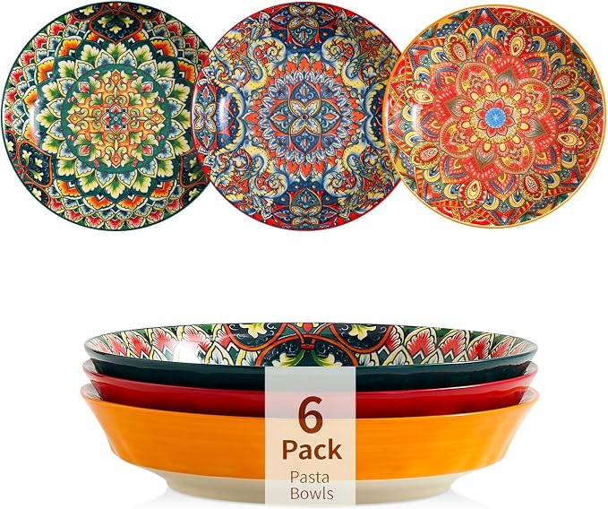 Ceramic Pasta Bowls Set of 6-8 inch 30 oz Serving Bowls, Colorful Dinner Bowls by ASBEFORE