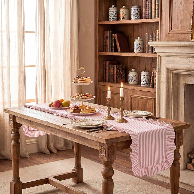 HunnmingRe Ruffle Trim Boho Table Runner Farmhouse Rustic Stripes Scalloped - Image 8